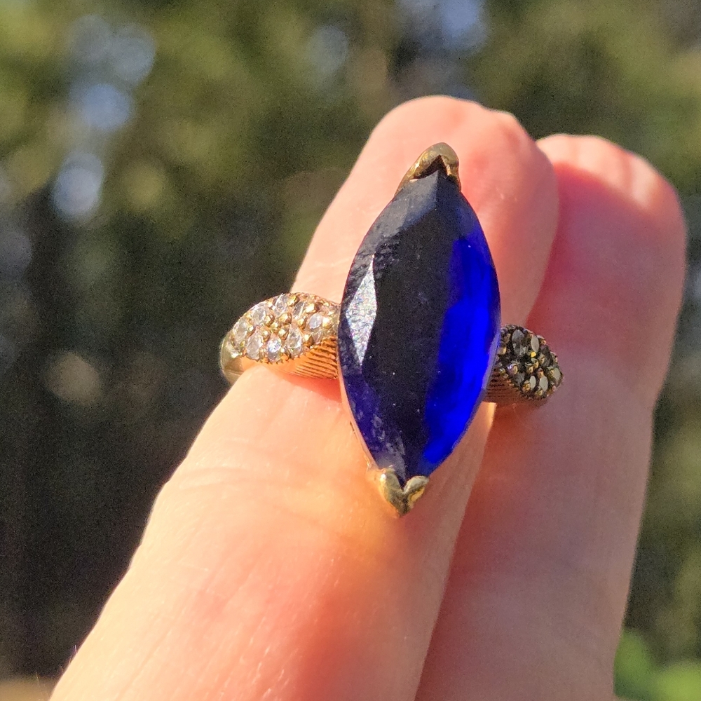 HOST PICK! 🎉Sapphire HUGE 10K Marquise &Topaz Sterling Gold & Bronze Ring Sz8.5 - Picture 4 of 8